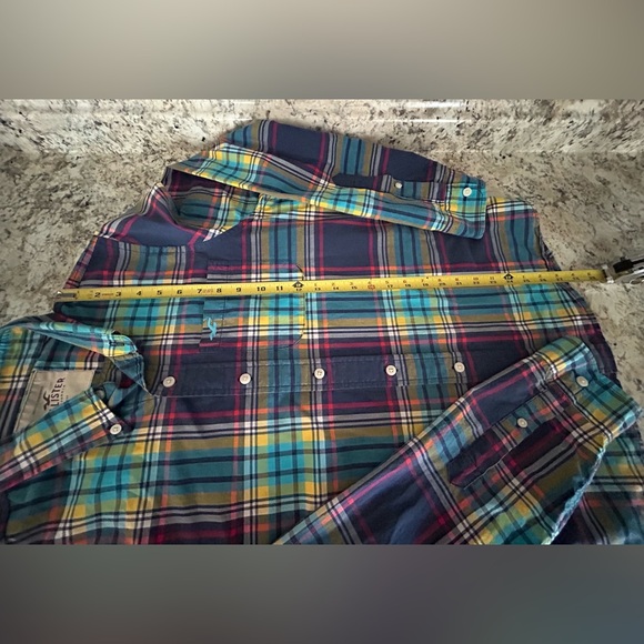 Hollister Long Sleeve Plaid Button Down Shirt Teal Seagull Logo Pocket Size XL - Picture 11 of 11